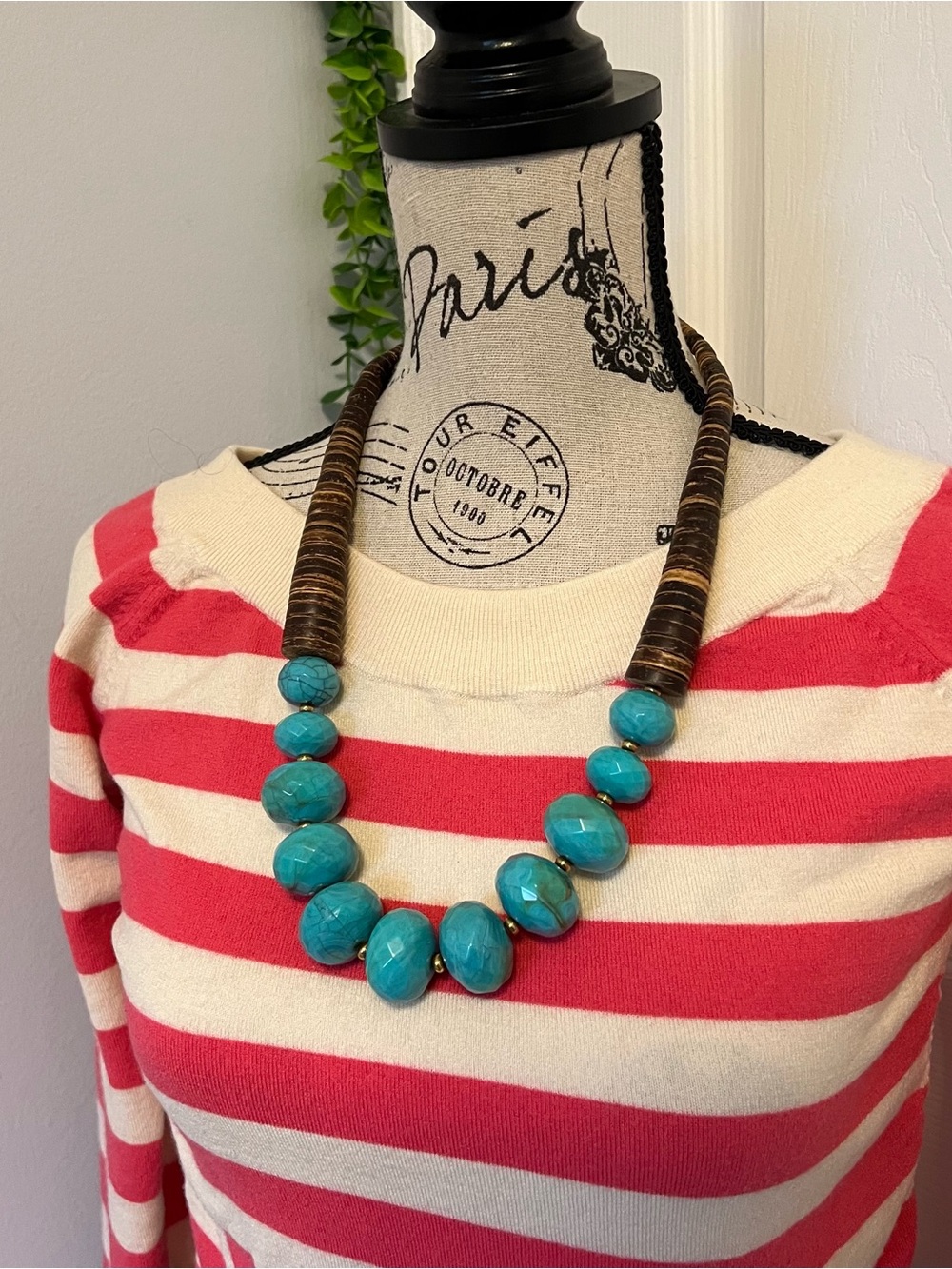 Turquoise Beaded Statement Necklace with Brown Accents